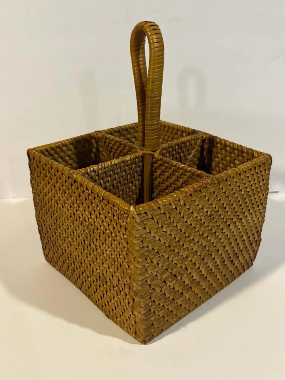 Kouboo Loma Rattan Bottle Caddy with Handle 4 Utensil Organizer Honey Brown